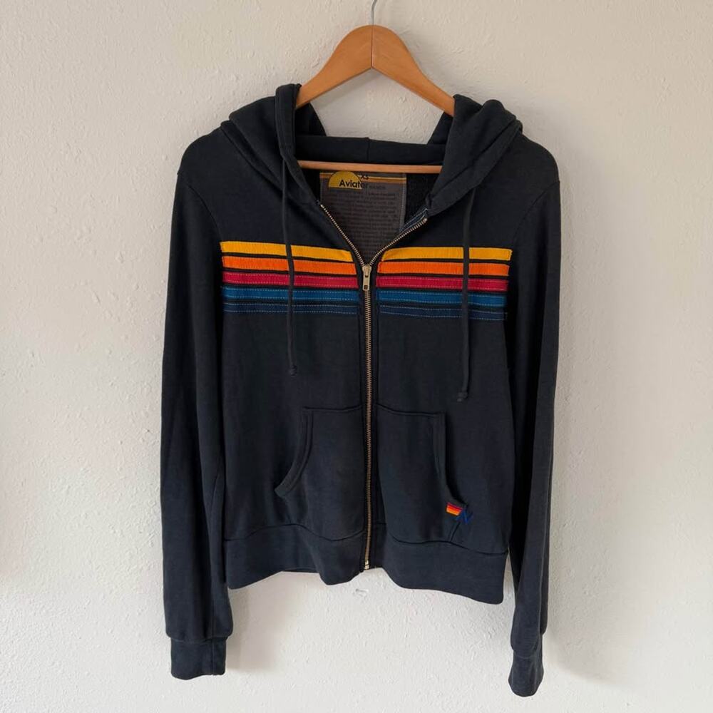 Aviator Nation 5 Stripe Hoodie Size XS Charcoal Blue